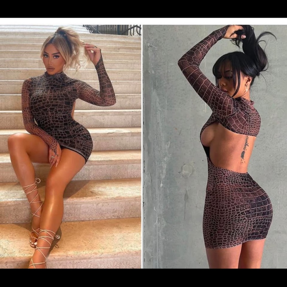 Fashion Nova Black and Brown Long Sleeve Dress